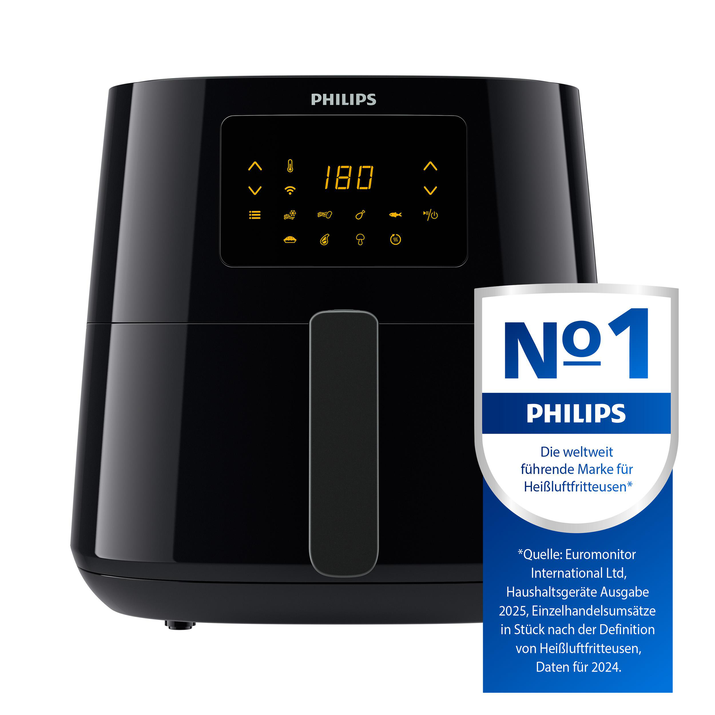 Schwarze Philips Heißluftfritteuse. Hat eine digitale Anzeige mit 180 Grad. Enthält ein 'Nr. 1'-Etikett.