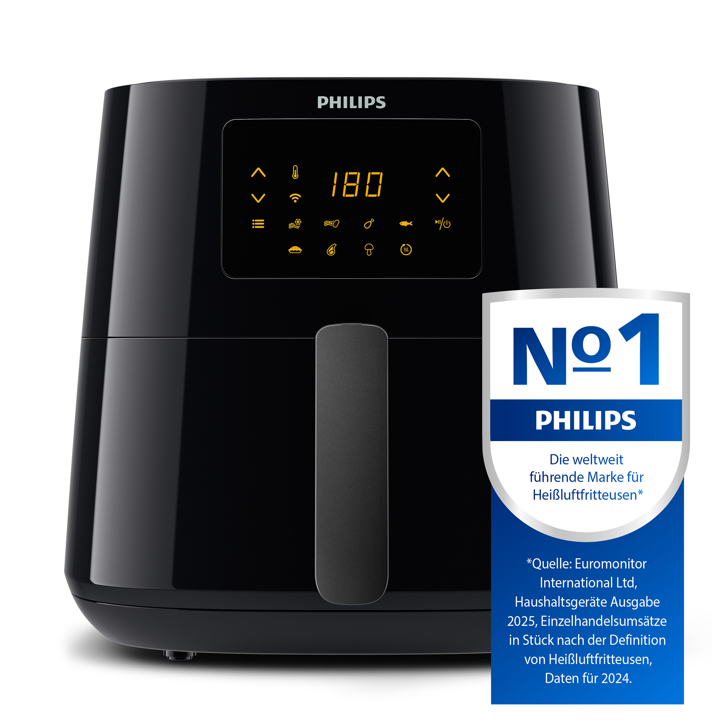 Schwarze Philips Heißluftfritteuse mit Digitalanzeige 180. Hat ein Nr.1 Philips Label.