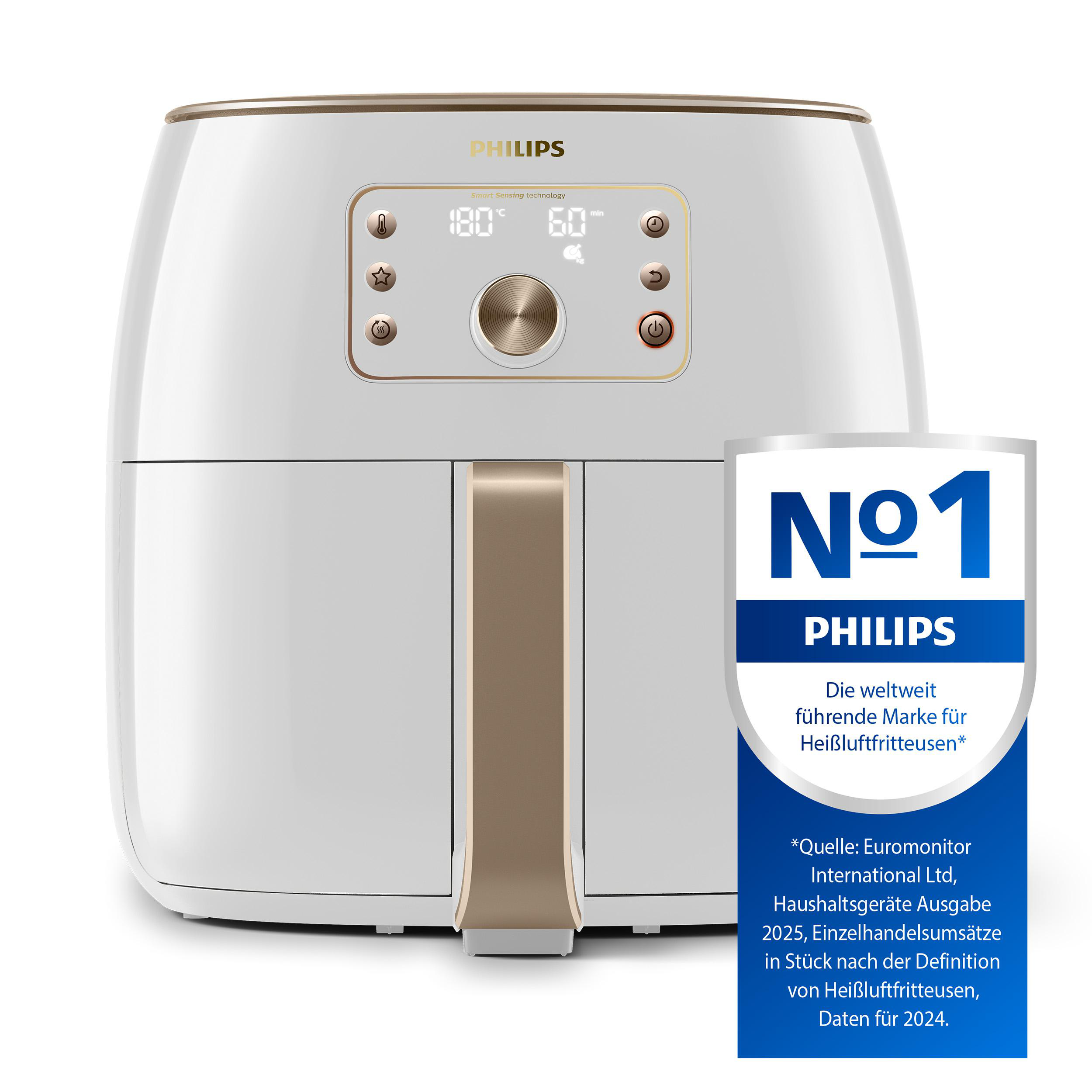 Weißer Philips Airfryer mit goldenen Akzenten und Display, mit einem "Nr. 1"-Aufkleber.