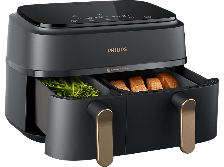 Philips NA352/00 Heißluftfritteuse mit zwei Körben (9 l, 2750 Watt, Dunkelgrau/Kupfer)