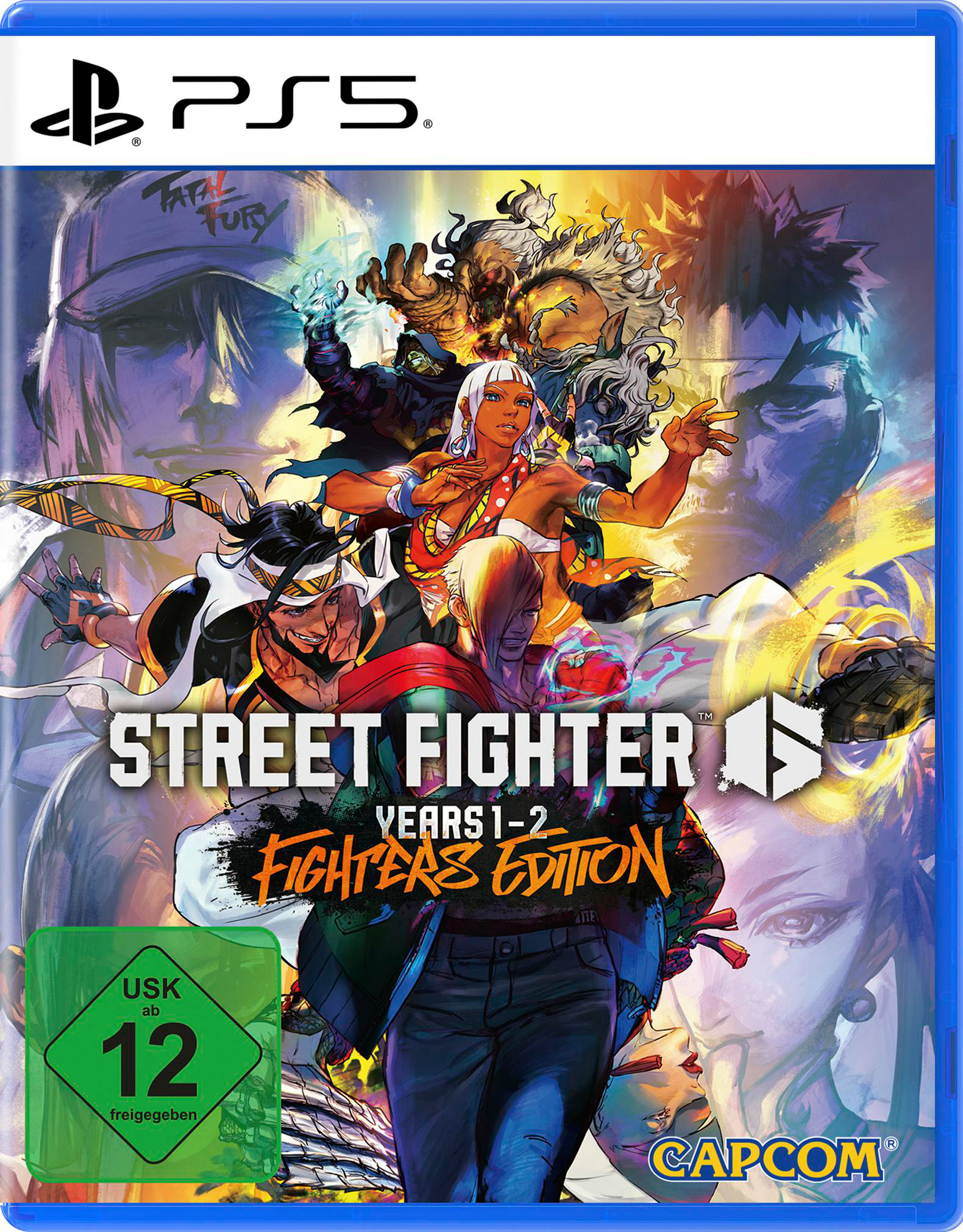 Videospielbox mit verschiedenen Charakteren und PS5-Logo.