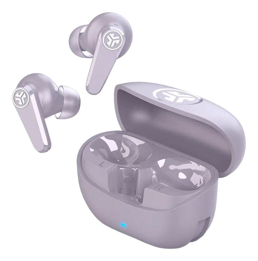 Auricolari viola, custodia di ricarica e un auricolare fluttuante. Sfondo nero.