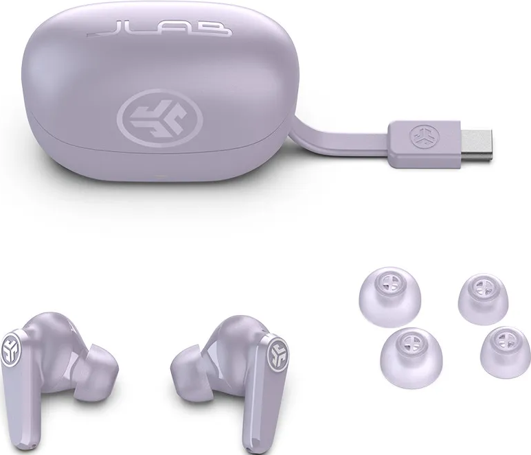 Auricolari viola, custodia di ricarica, cavo usb e punte extra. Sfondo bianco.