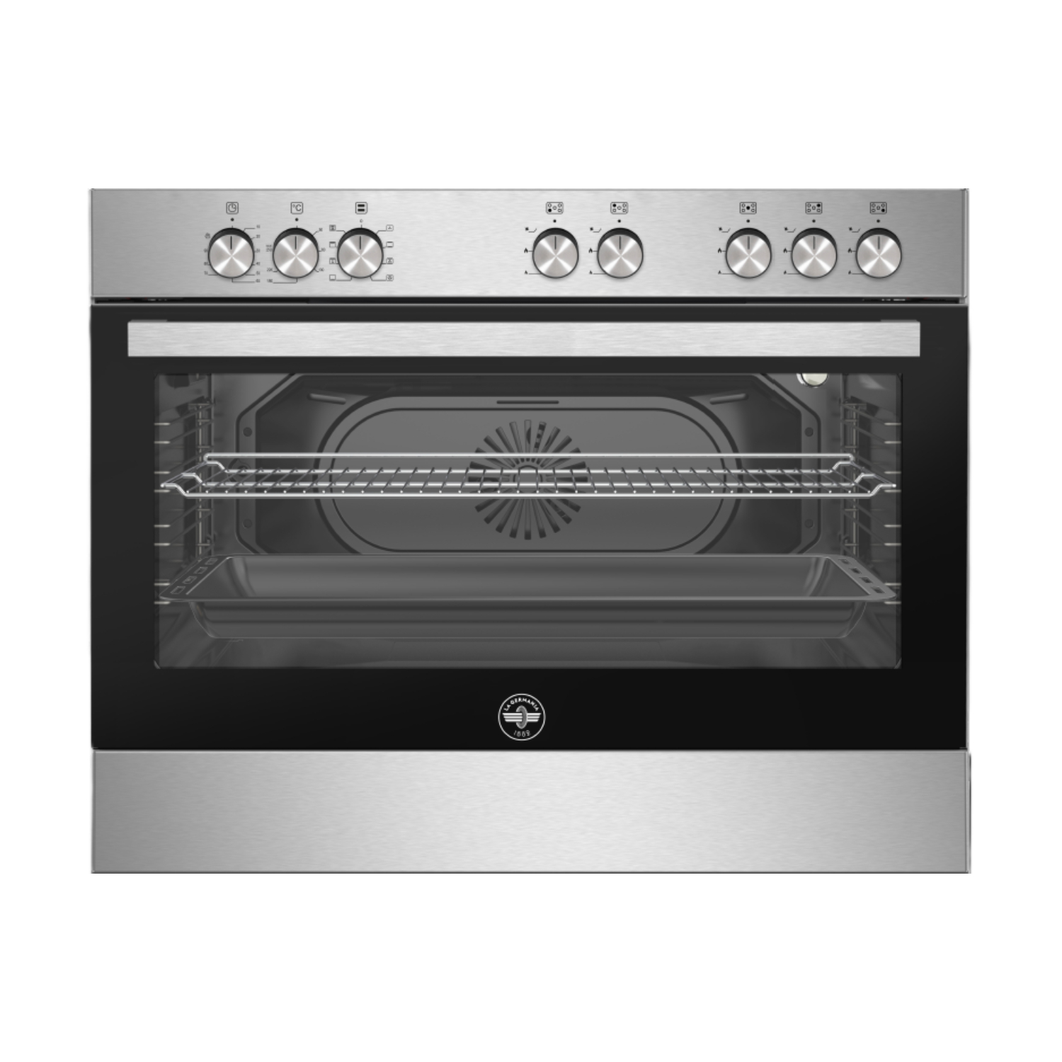 Forno in acciaio inossidabile, porta a vetro aperta.