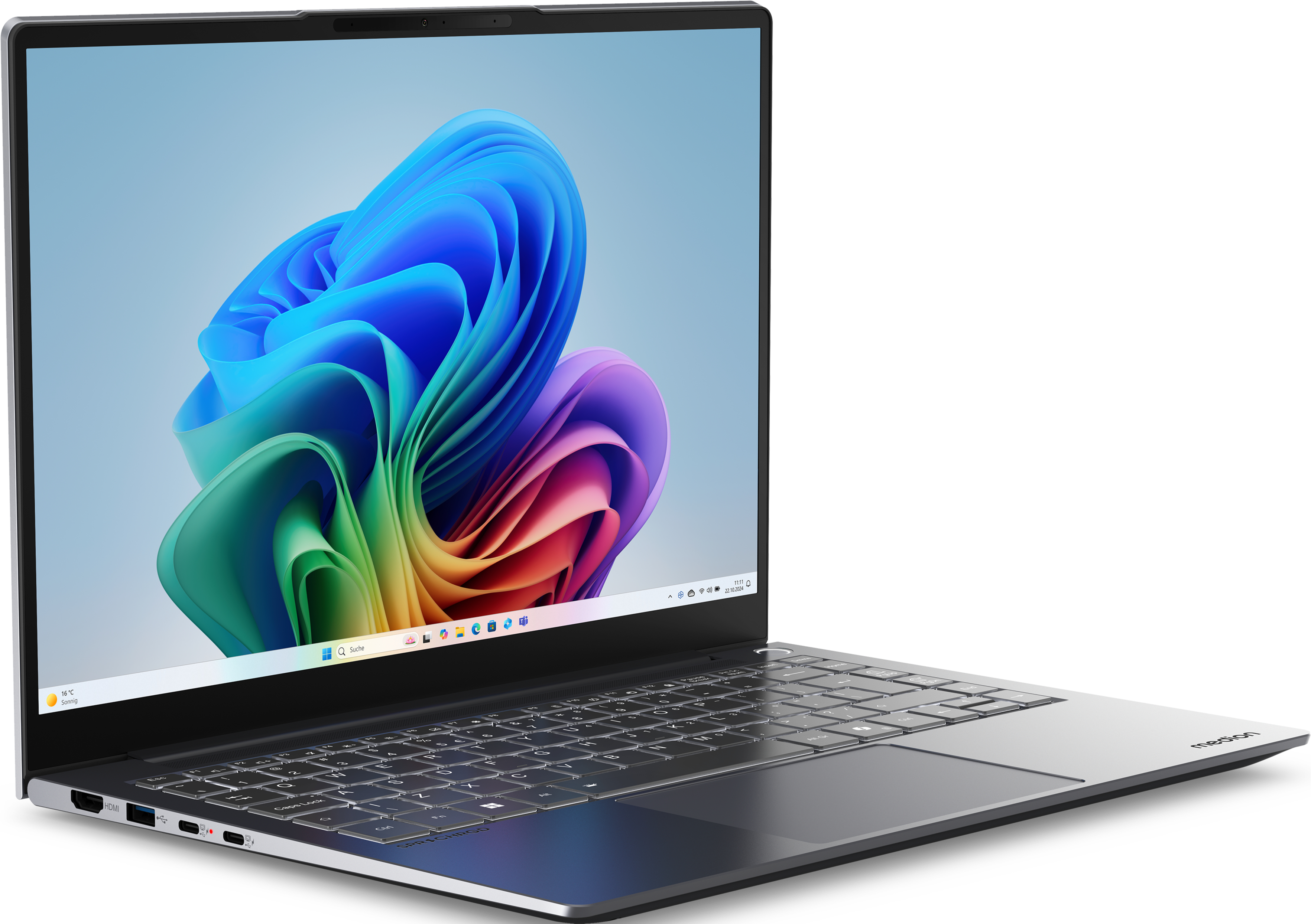 Laptop, aperto, mostra arte astratta colorata sullo schermo. Vista laterale, tastiera visibile, cornice grigia, sfondo bianco.