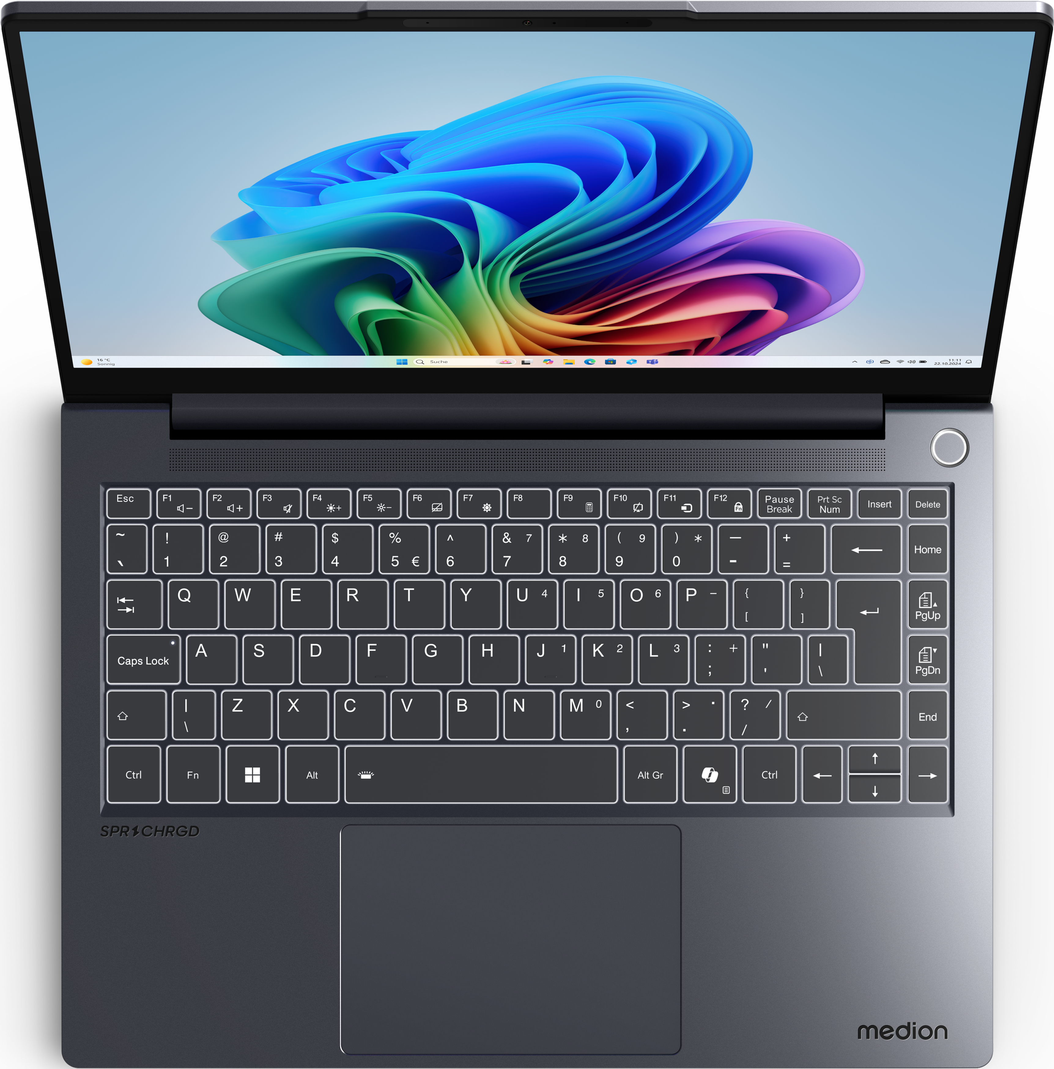 Laptop aperto, vista dall'alto. Tastiera, touchpad e schermo. Arte astratta colorata sullo schermo. Sfondo bianco.