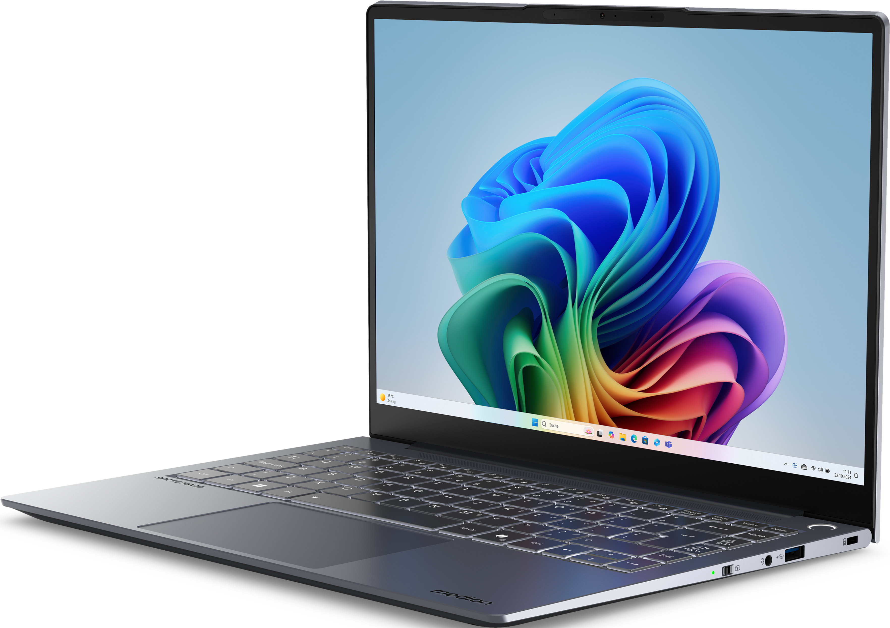 Laptop con display colorato. La tastiera è visibile. Il logo Medion è in basso.