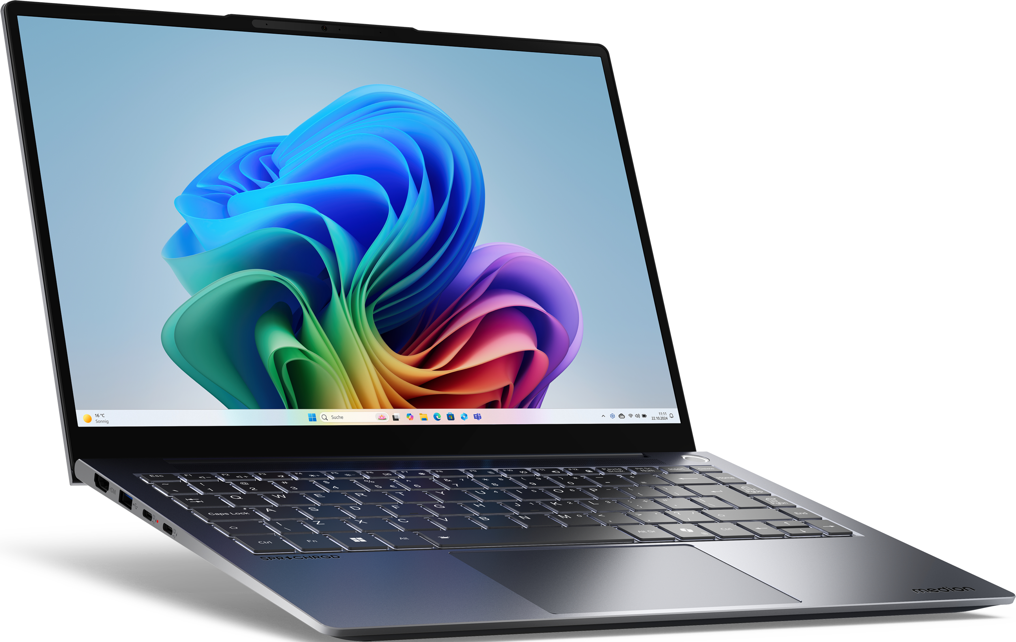 Laptop con display colorato. La tastiera è visibile. Il logo Medion è in basso.