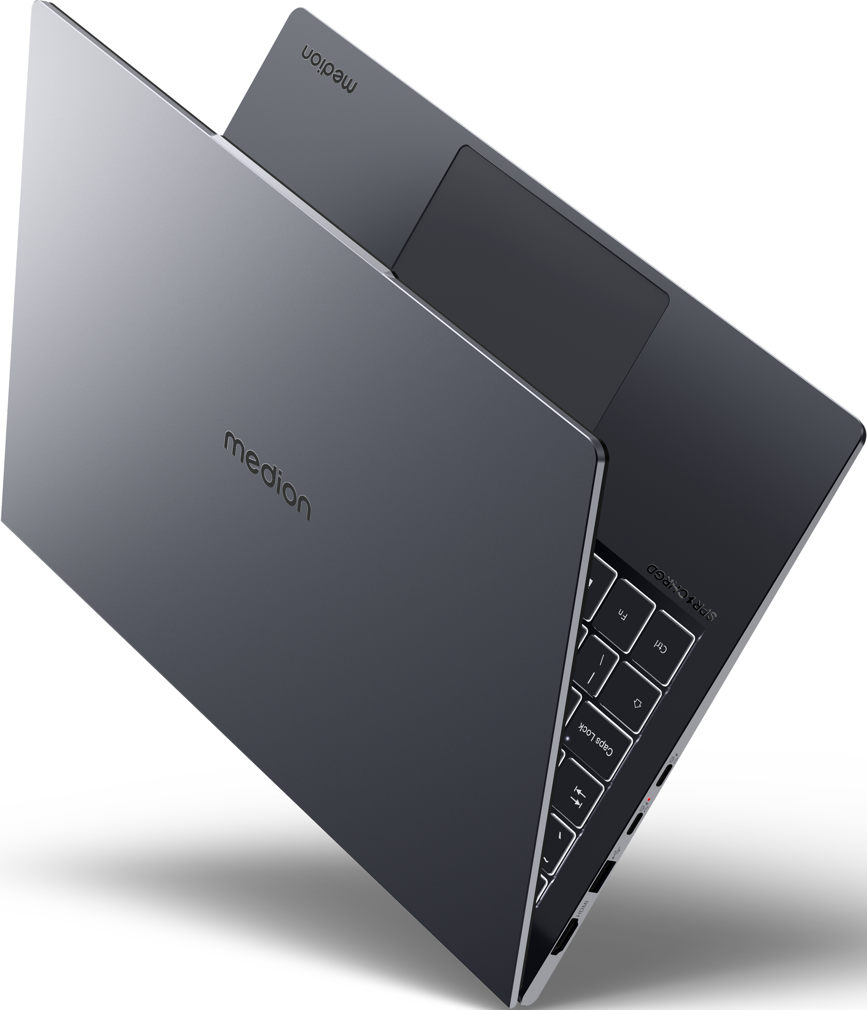 Laptop chiuso, che mostra il logo Medion. Il laptop è grigio.