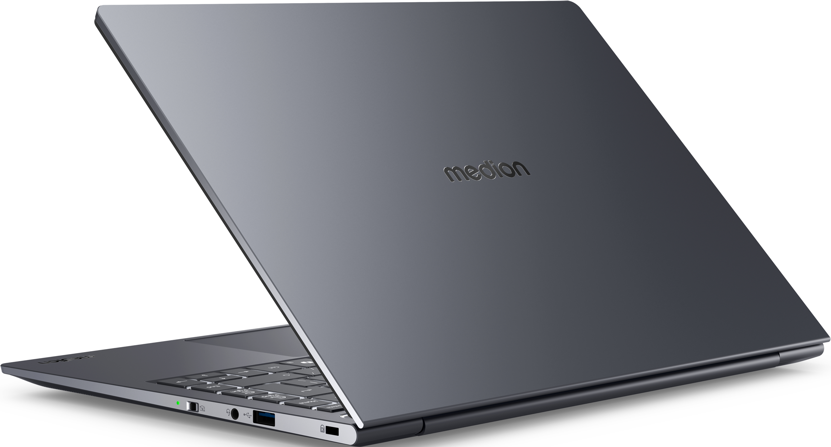 Laptop parzialmente aperto, mostra il logo Medion e la tastiera. Il laptop è grigio.