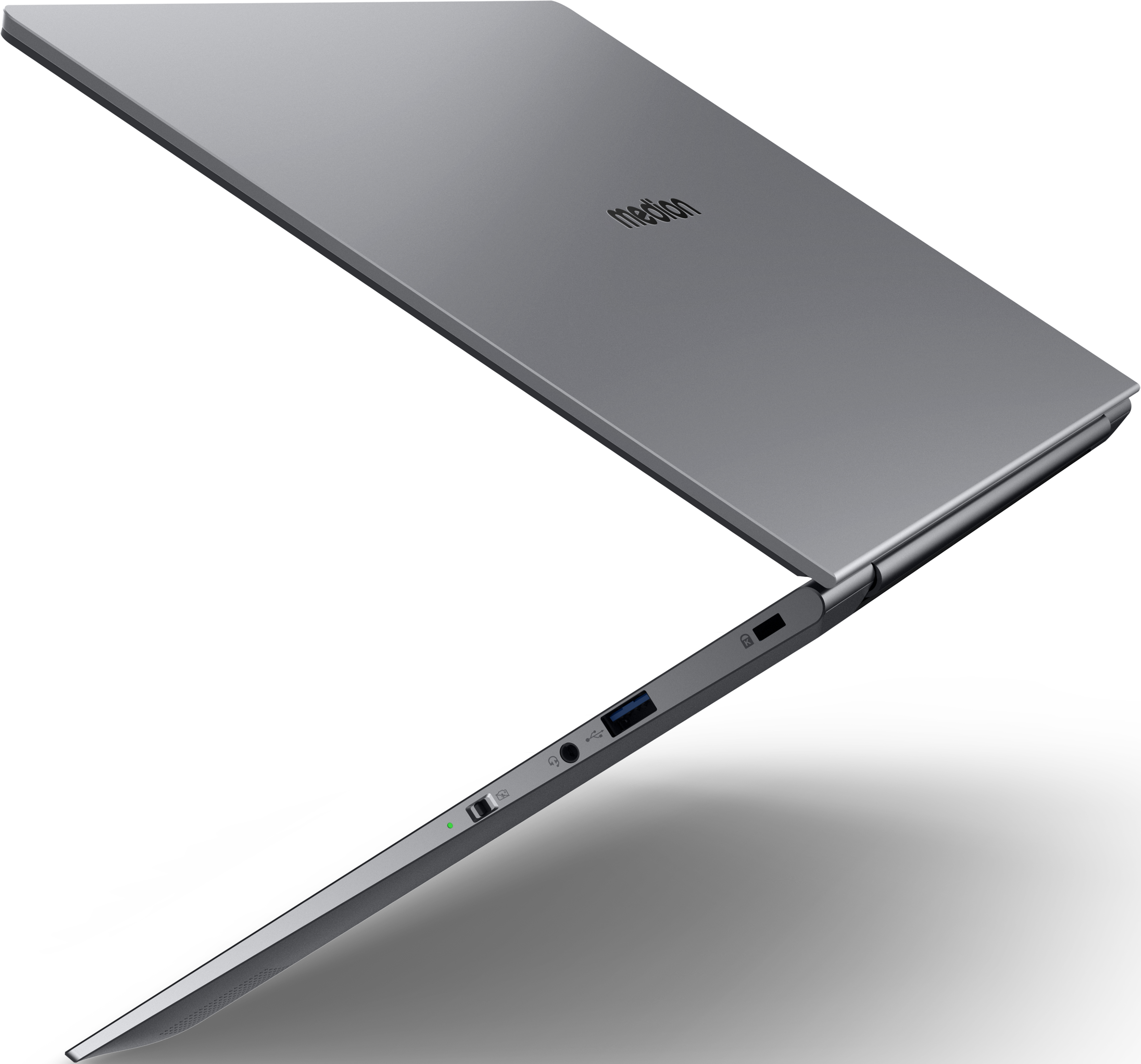 Laptop parzialmente aperto, mostra il logo Medion e la tastiera. Il laptop è grigio.