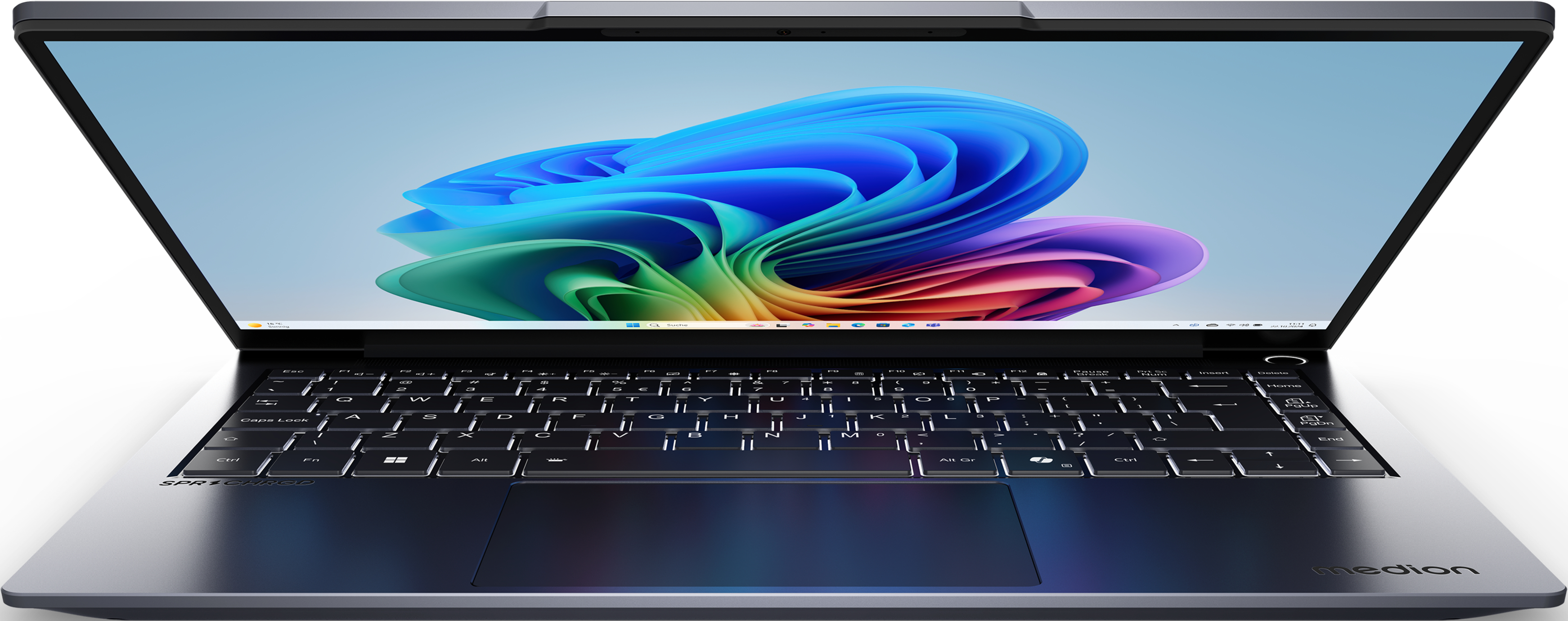 Laptop, vista frontale. Schermo con arte astratta. Tastiera e trackpad visibili. Logo 'medion'.