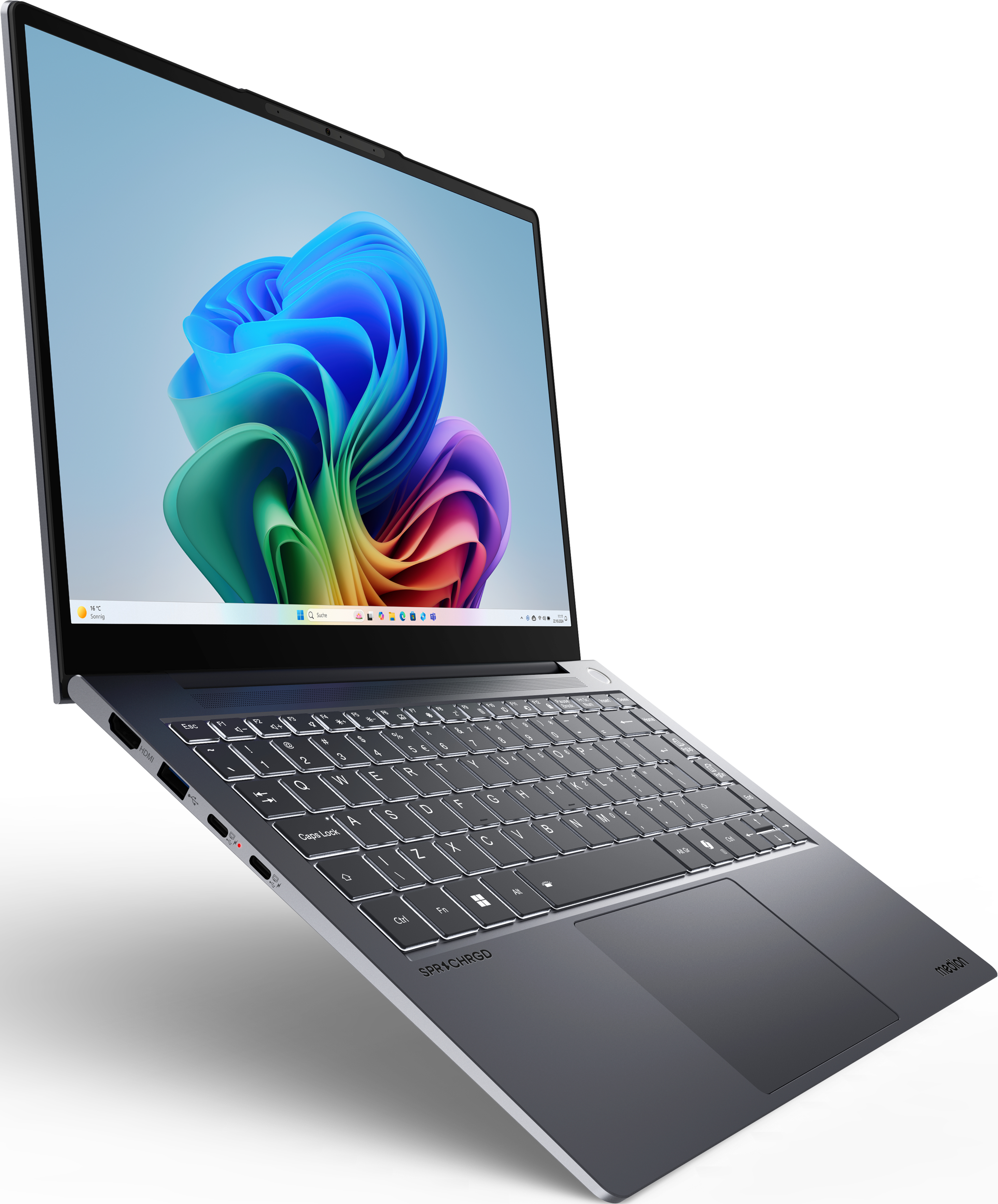 Laptop aperto. Schermo mostra arte astratta. Tastiera e trackpad visibili. Ripresa angolata, argento e nero.