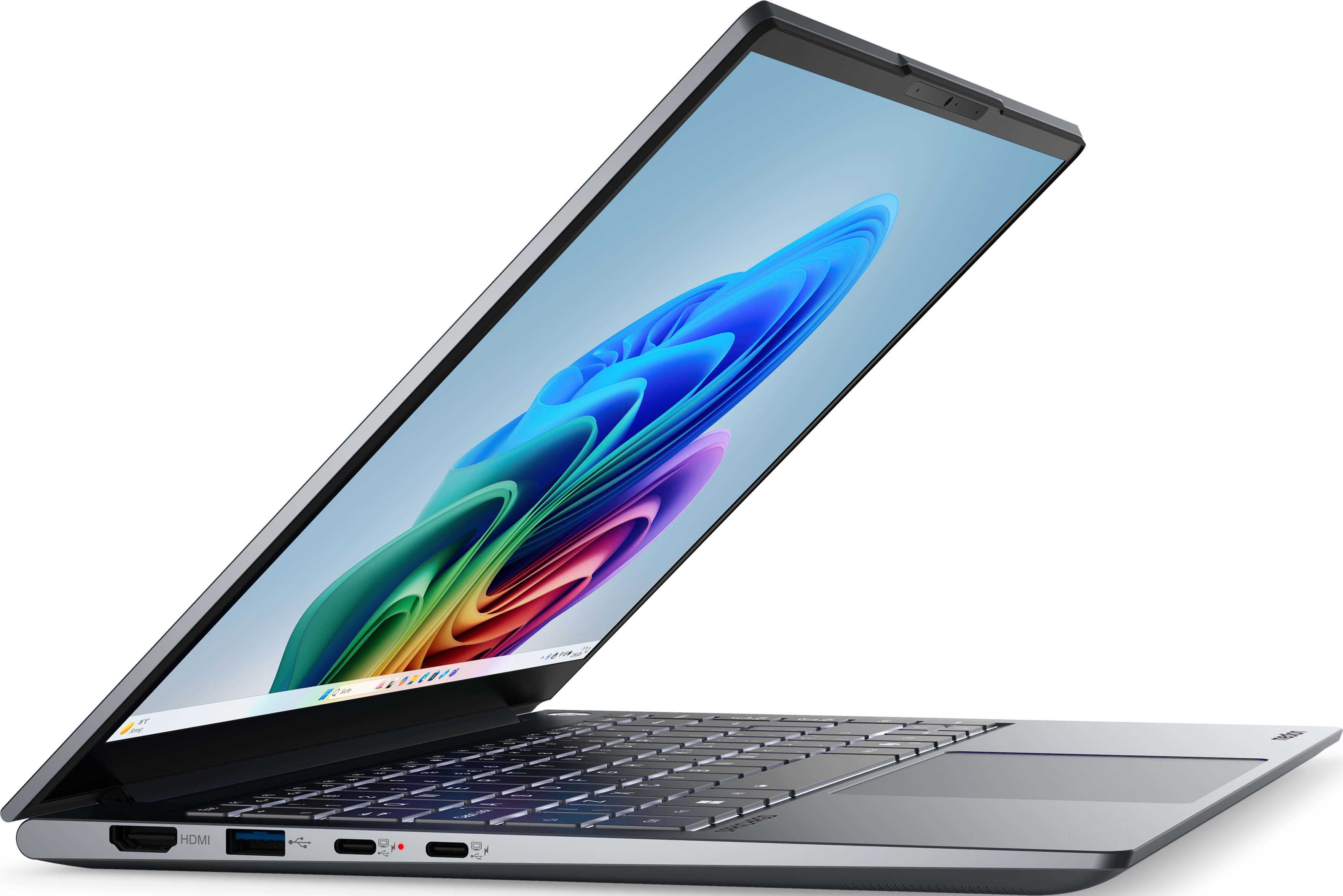 Laptop aperto, con arte astratta colorata sullo schermo. Vista laterale.
