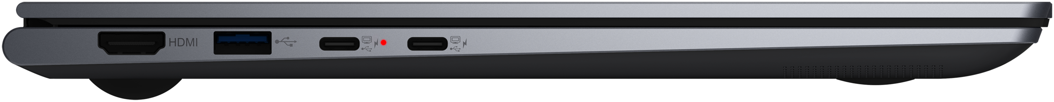 Lato laptop. Porte visibili. HDMI, USB, ricarica e porte USB-C.