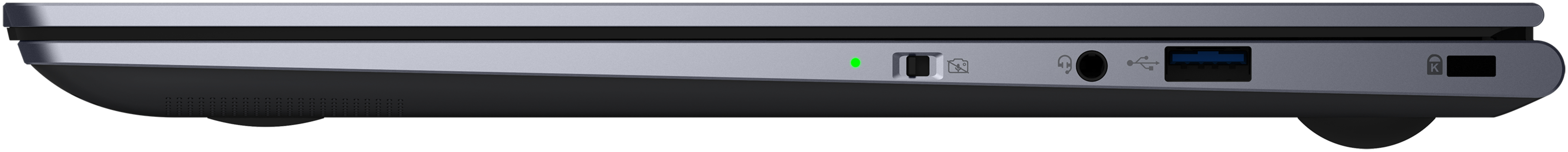 Lato laptop. Porte: alimentazione, cuffie, USB e blocco di sicurezza.