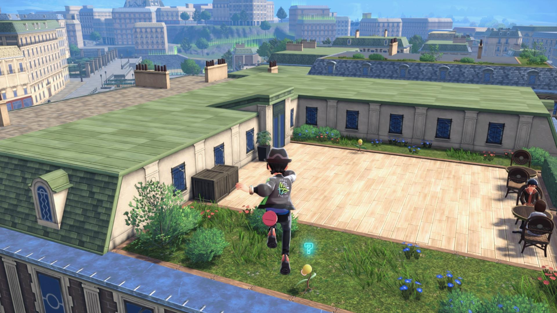 Anime-Figur rennt auf dem Dach. Gebäude und Himmel im Hintergrund.