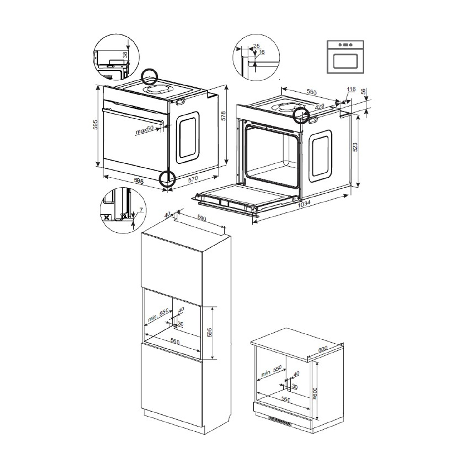 Disegni tecnici di un forno. I disegni includono misure e varie viste dell'apparecchio.