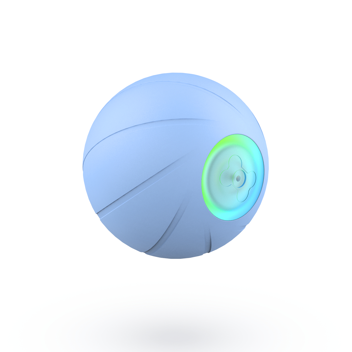Ein hellblauer Ball mit einem grün leuchtenden Licht auf einer Seite. Der Ball schwebt in der Luft.