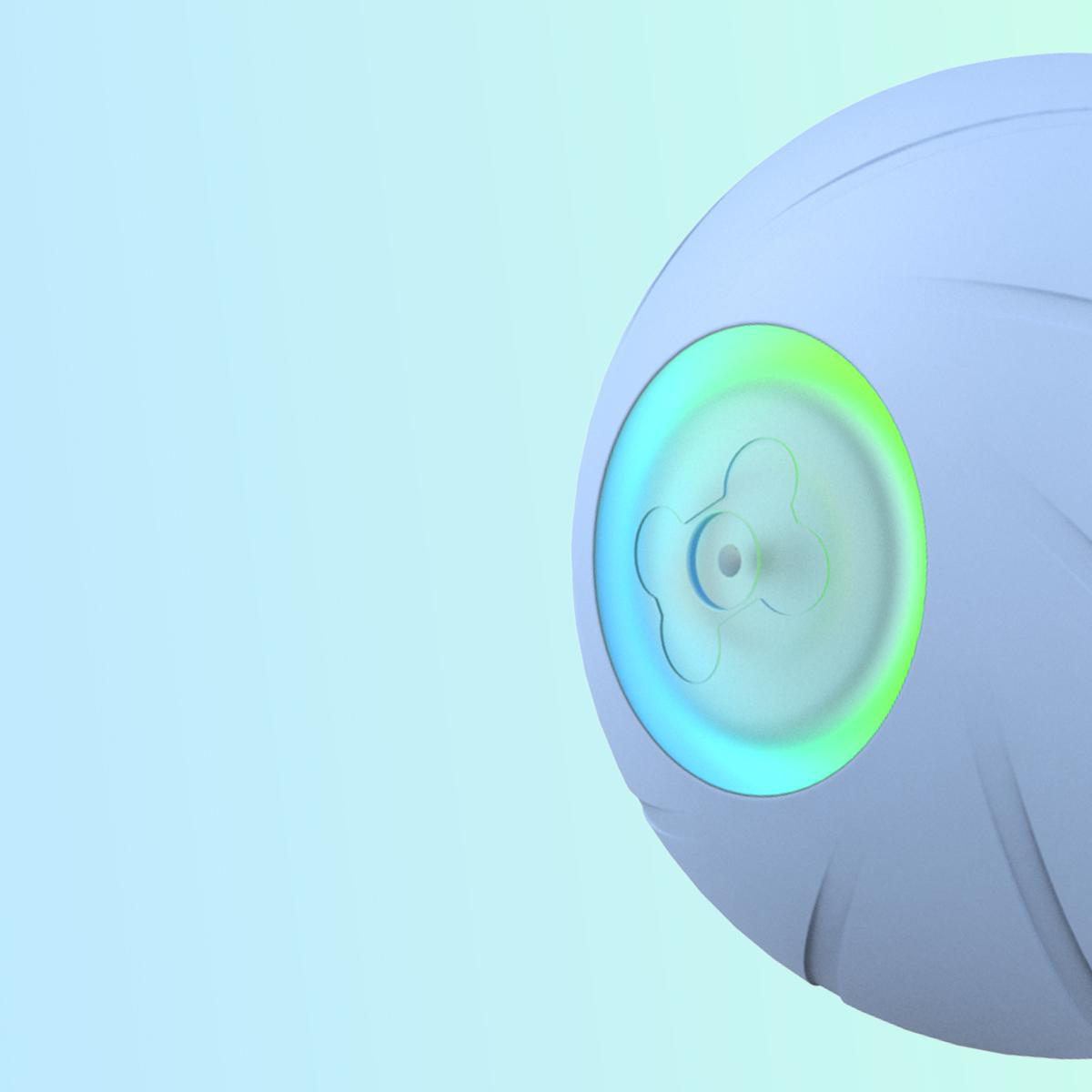 Nahaufnahme eines blauen Balls mit grünem Leuchten. Der Hintergrund ist ein hellblauer Farbverlauf.