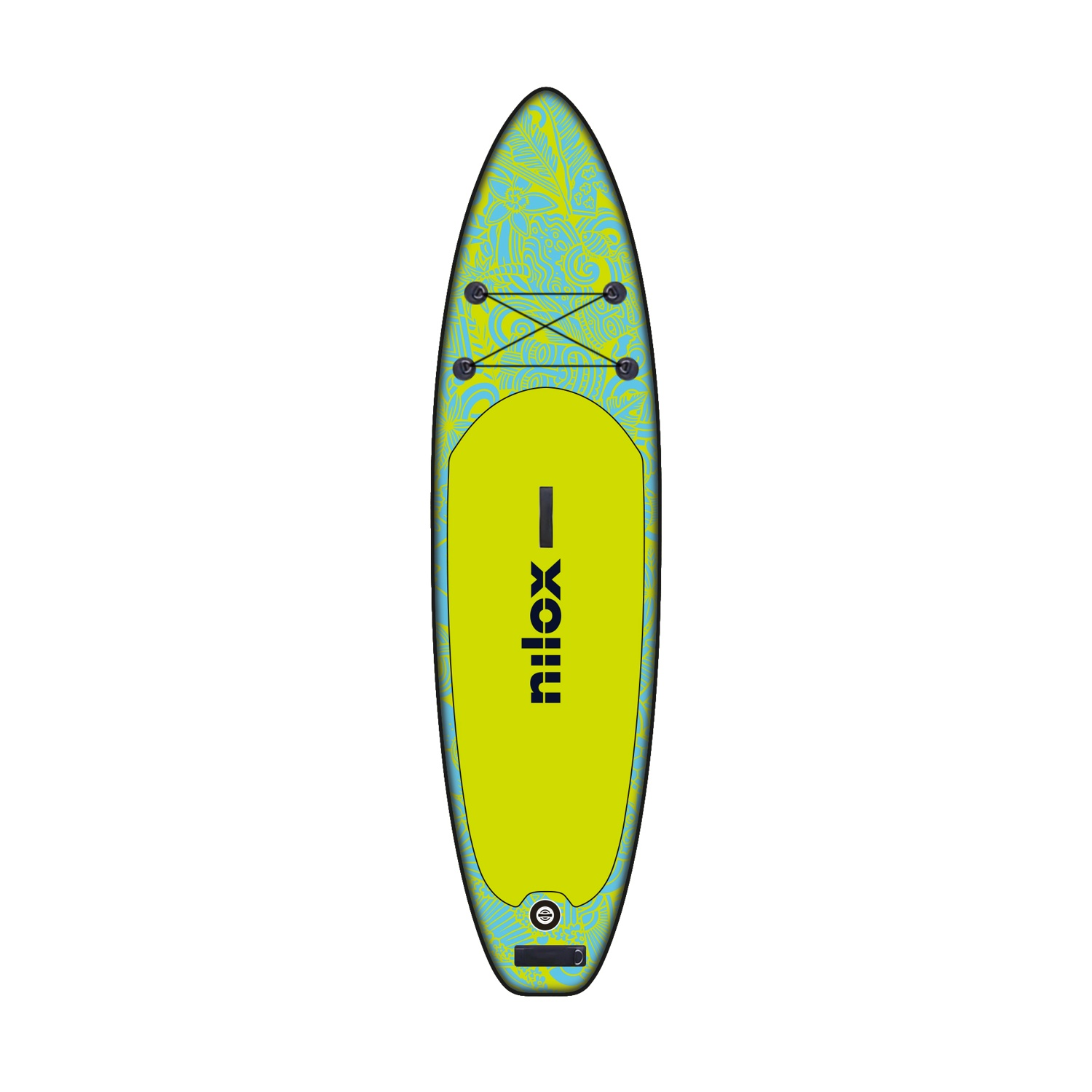 Tavola da paddle, gialla con design blu e 'nilox'.