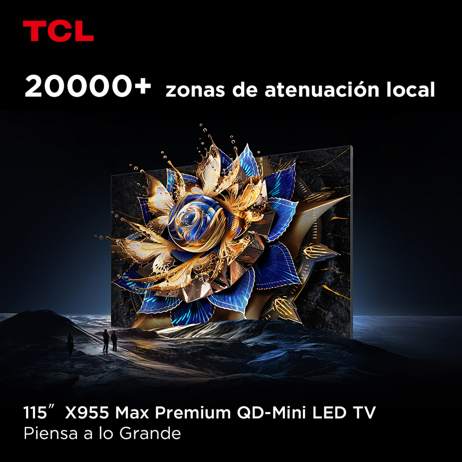 La pantalla del televisor muestra un diseño dorado en forma de flor. Texto: '20000+ zonas de atenuación local'.