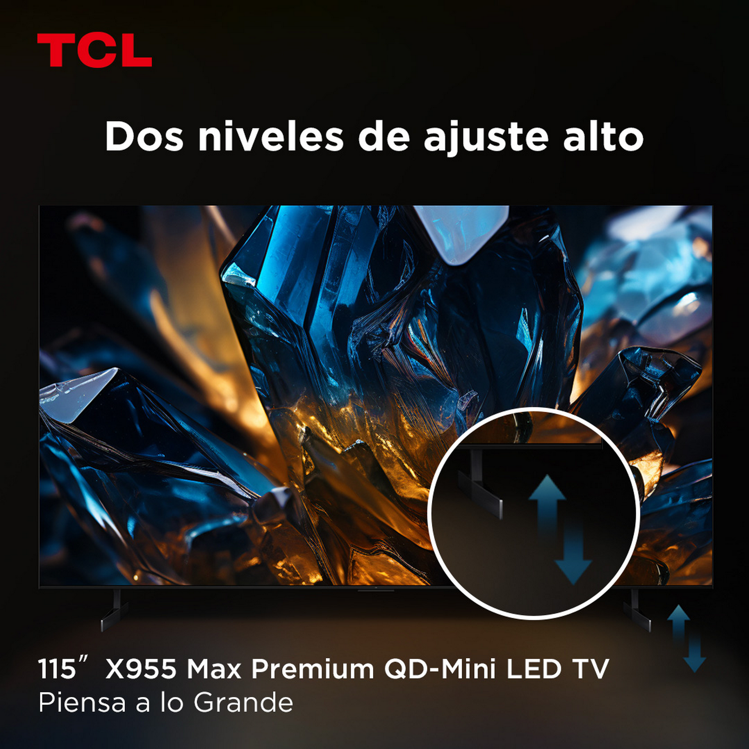 TV con diseño de cristal en pantalla. Flechas indican niveles de ajuste. Texto: 'Dos niveles de ajuste alto'.