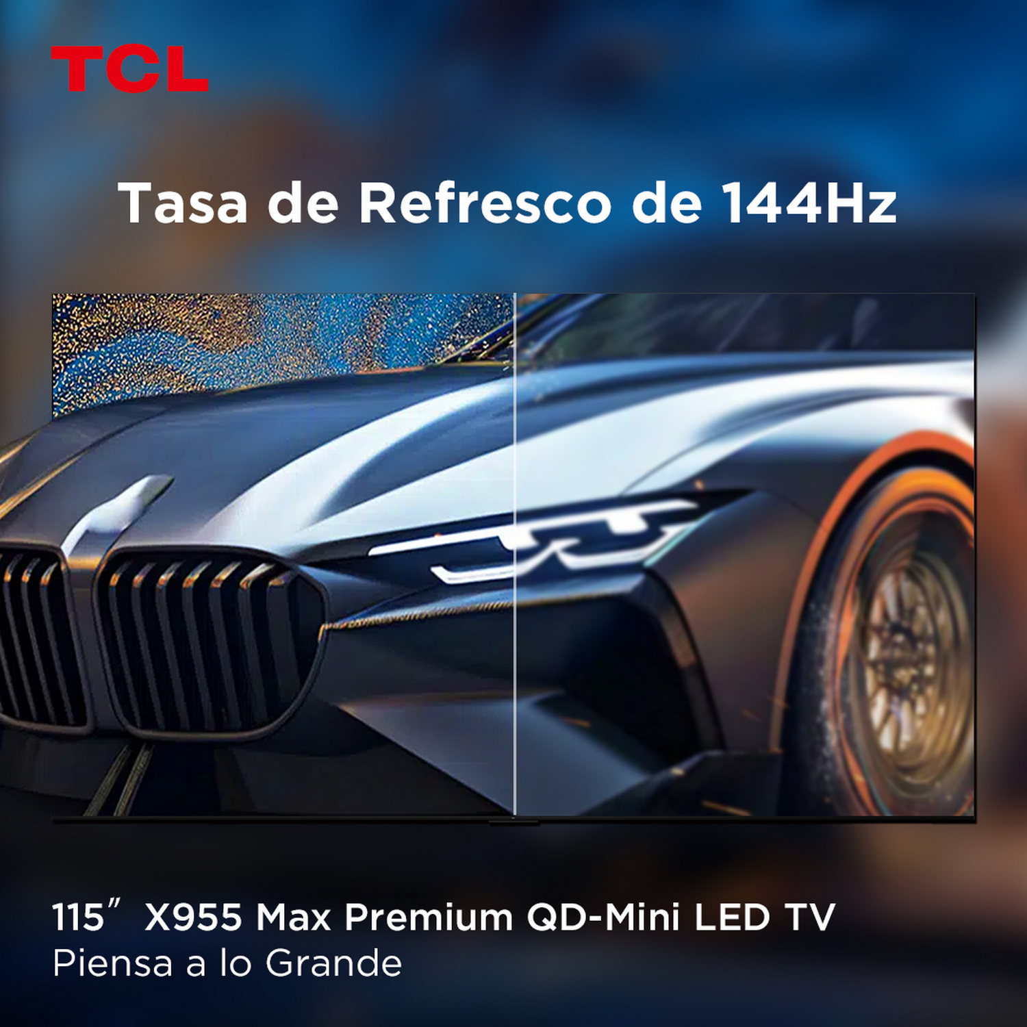 TV mostrando un coche, pantalla dividida con dos vistas. Texto: 'Tasa de Refresco de 144Hz'.
