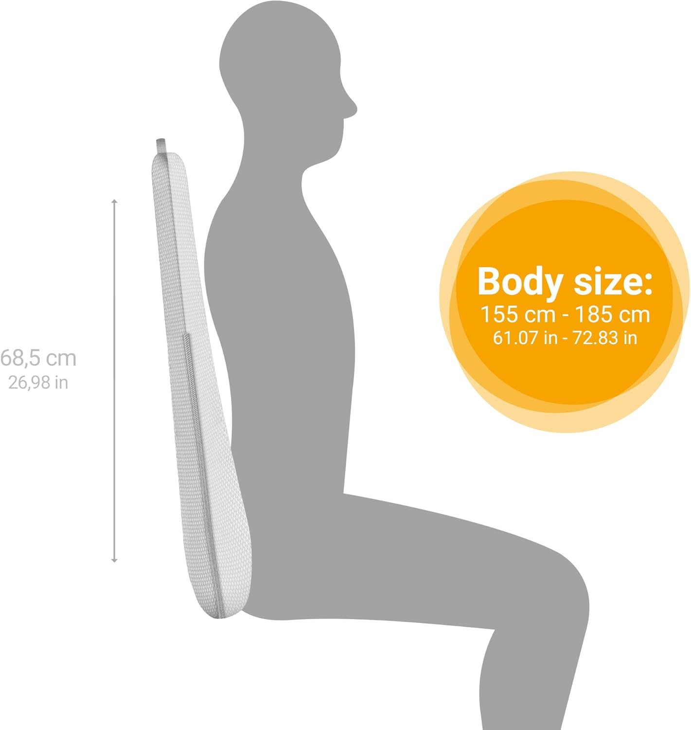 Diagrama que muestra el tamaño corporal para un dispositivo de masaje. Texto: Tamaño corporal: 155 cm - 185 cm (61,07 pulg. - 72,83 pulg.).