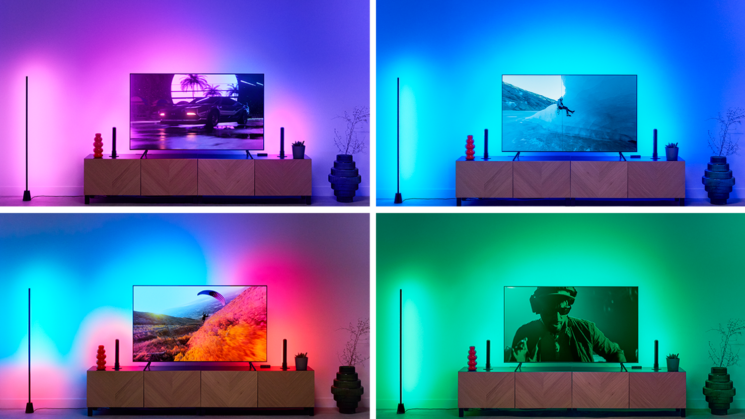 Cuatro fotos muestran un televisor con luces de pared de diferentes colores: morado, azul, rojo y verde.