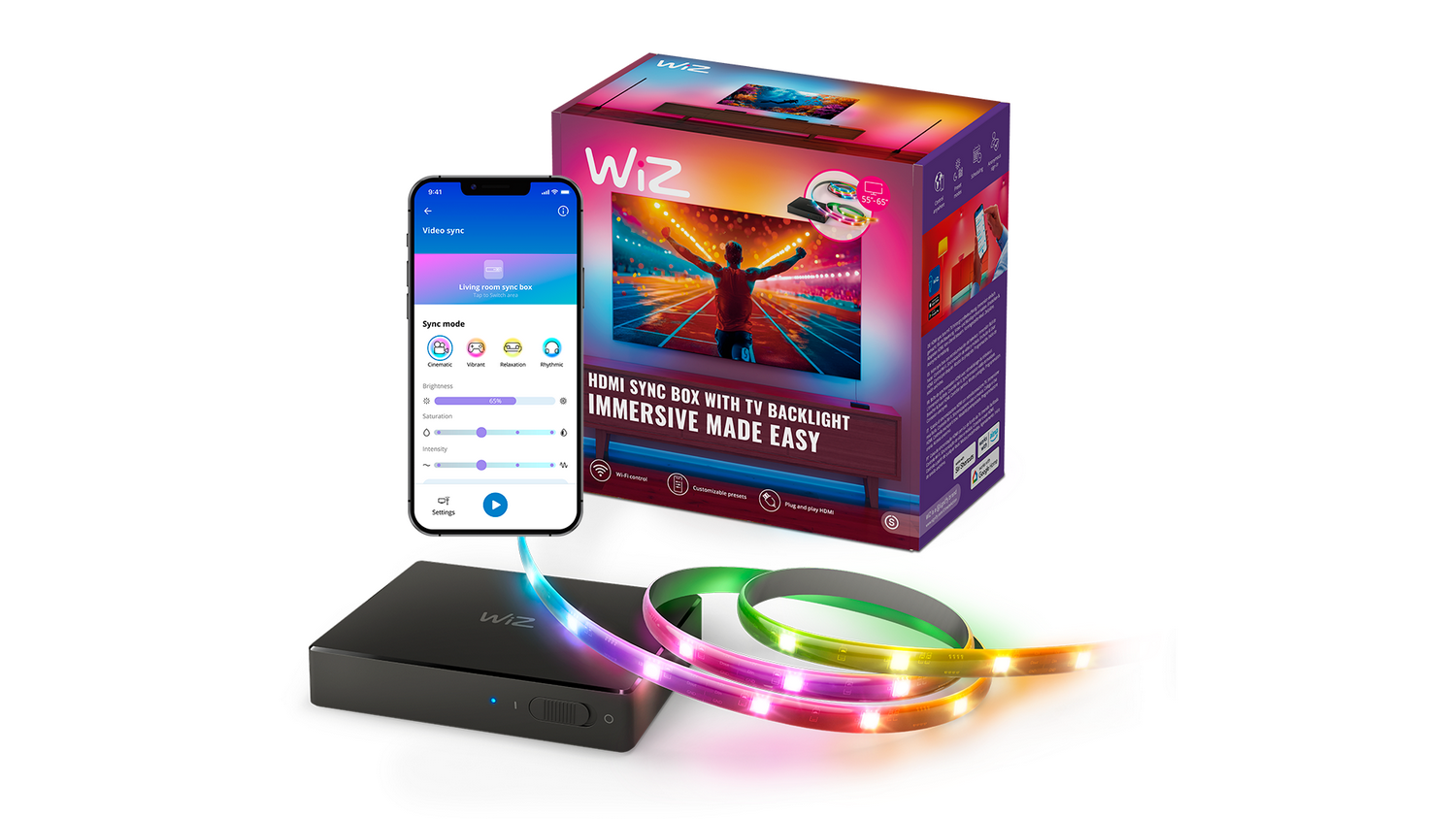 Caja WiZ y teléfono mostrando la aplicación, con una tira de luz y caja sobre fondo blanco.
