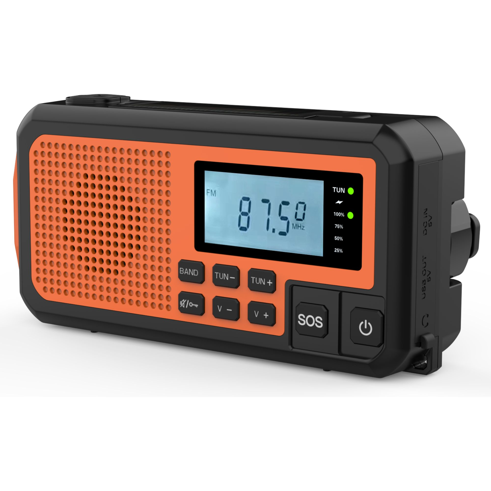 Radio negro y naranja con pantalla que muestra 87.5 MHz. Tiene botones para banda, sintonizar y SOS.