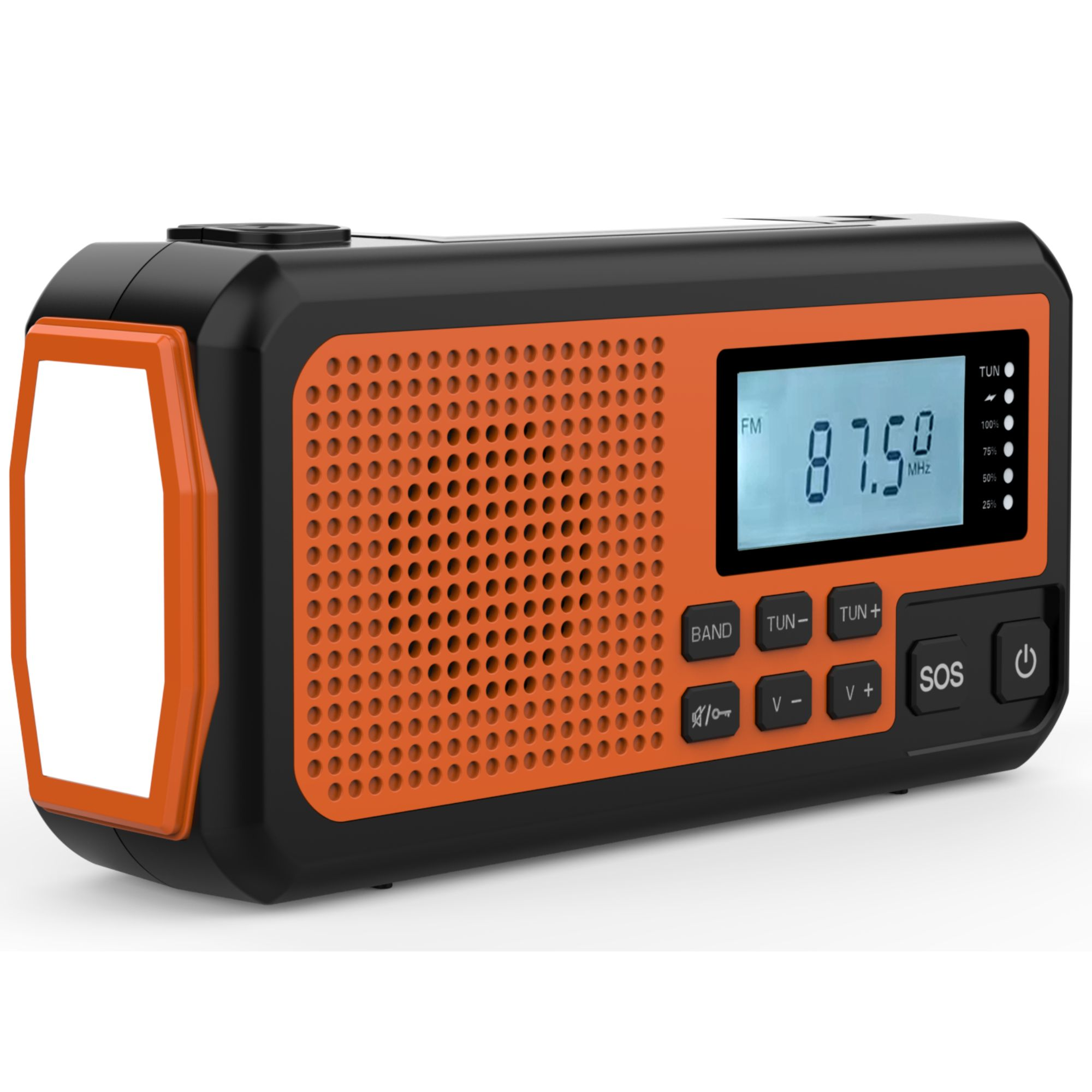 Radio negro y naranja que muestra 87.5 MHz. Tiene altavoz, linterna y botones de banda y sintonía.
