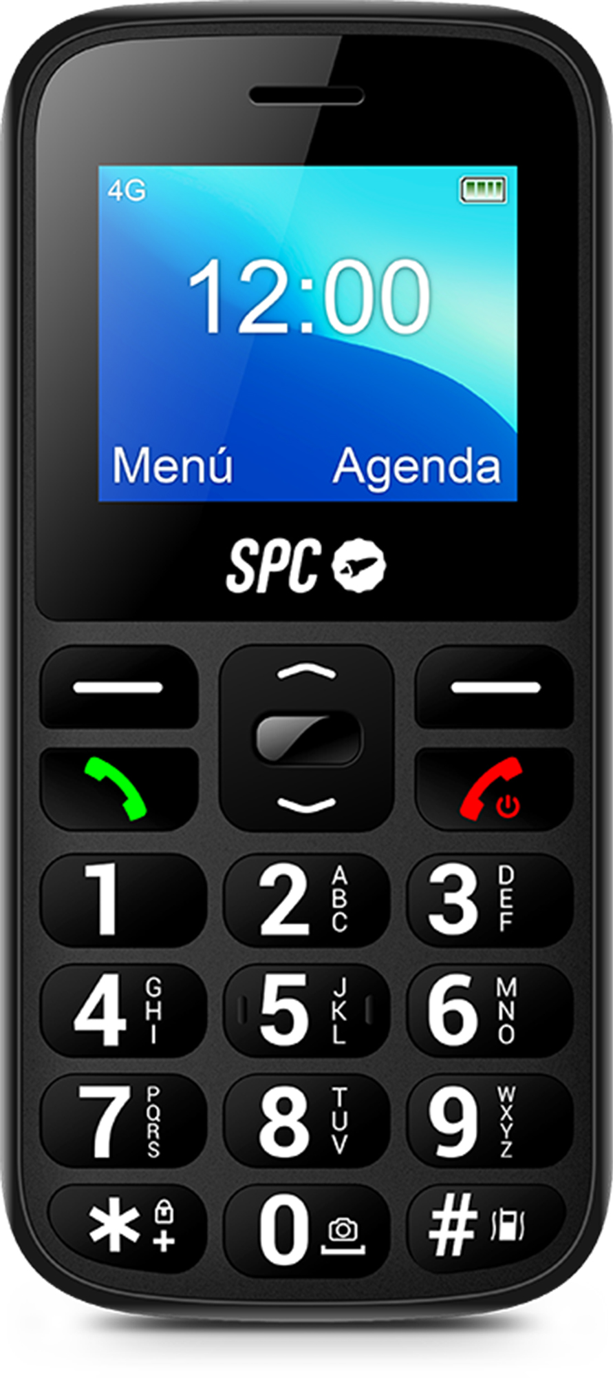 Teléfono SPC negro con botones grandes, visualización de la hora y opciones de menú.