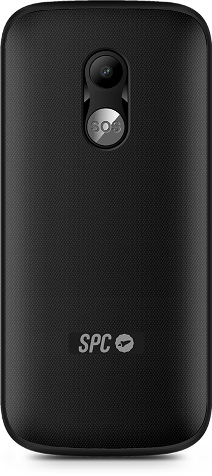 Parte trasera de un teléfono SPC negro con cámara y botón SOS.