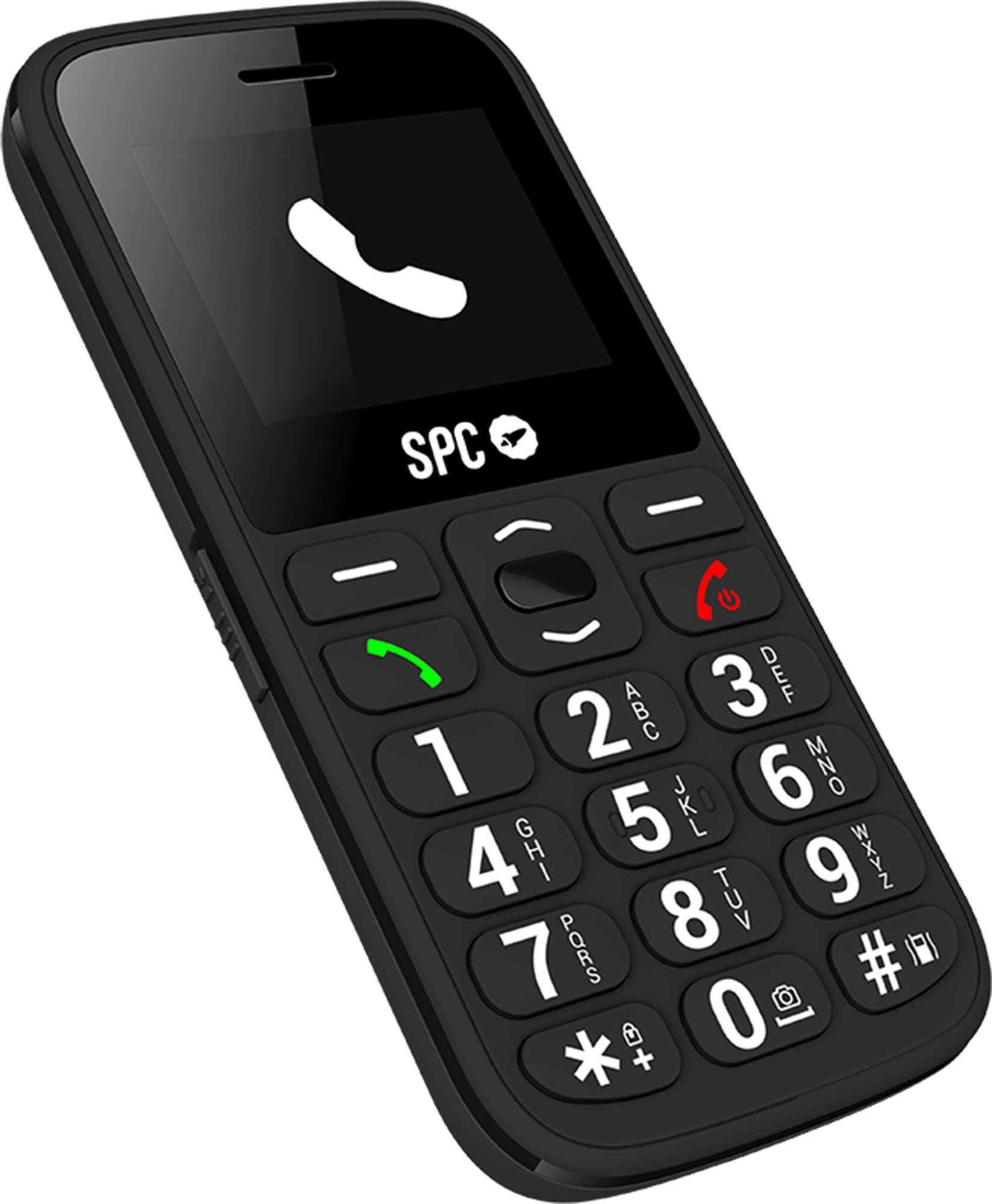 Teléfono SPC negro con botones grandes, botones de llamada y encendido, y pantalla.