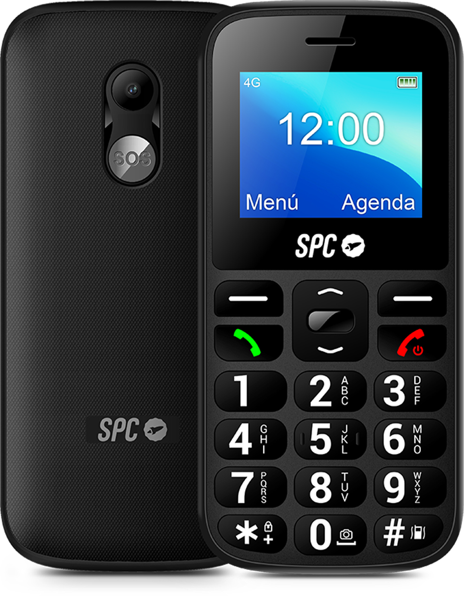 Teléfono SPC negro con botones y pantalla con hora, en una base de carga negra.