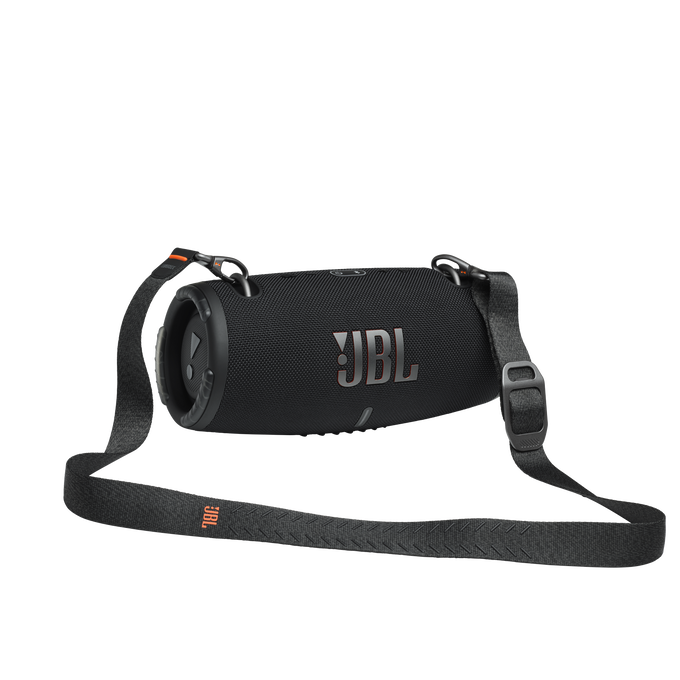 Altavoz JBL negro con correa y el logo JBL.