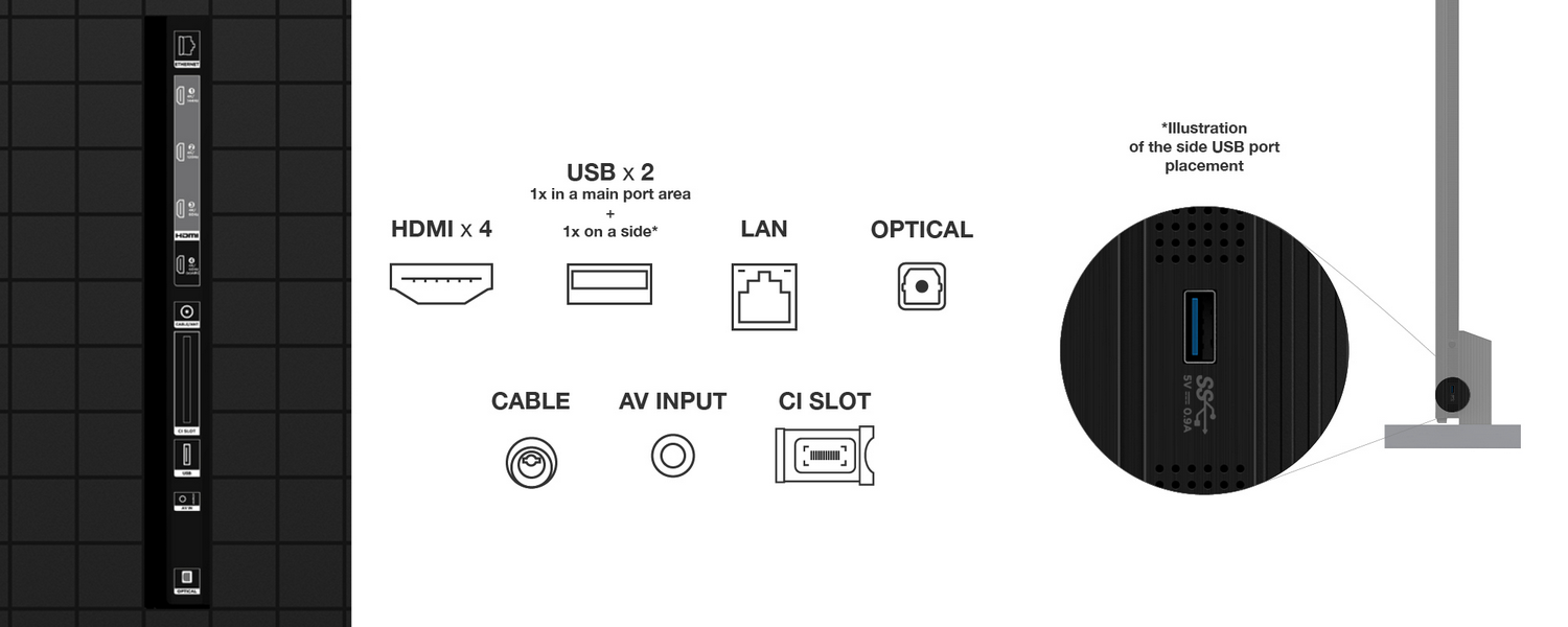 Diagrama de puertos en la parte posterior de un monitor: HDMI, USB, LAN, Óptico, etc.
