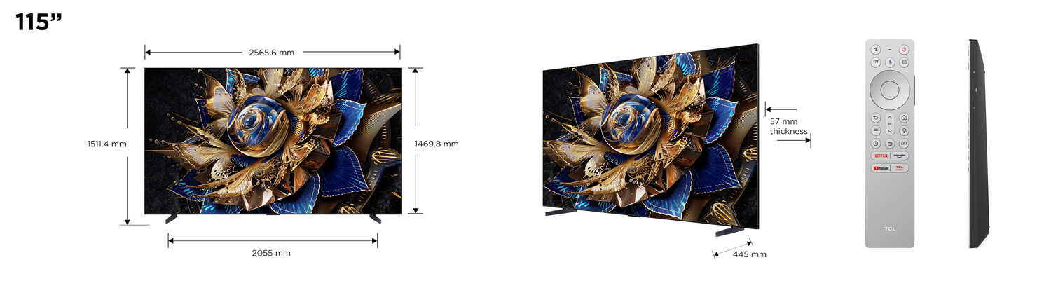 Un televisor con una pantalla floral se muestra con dimensiones y un mando a distancia.