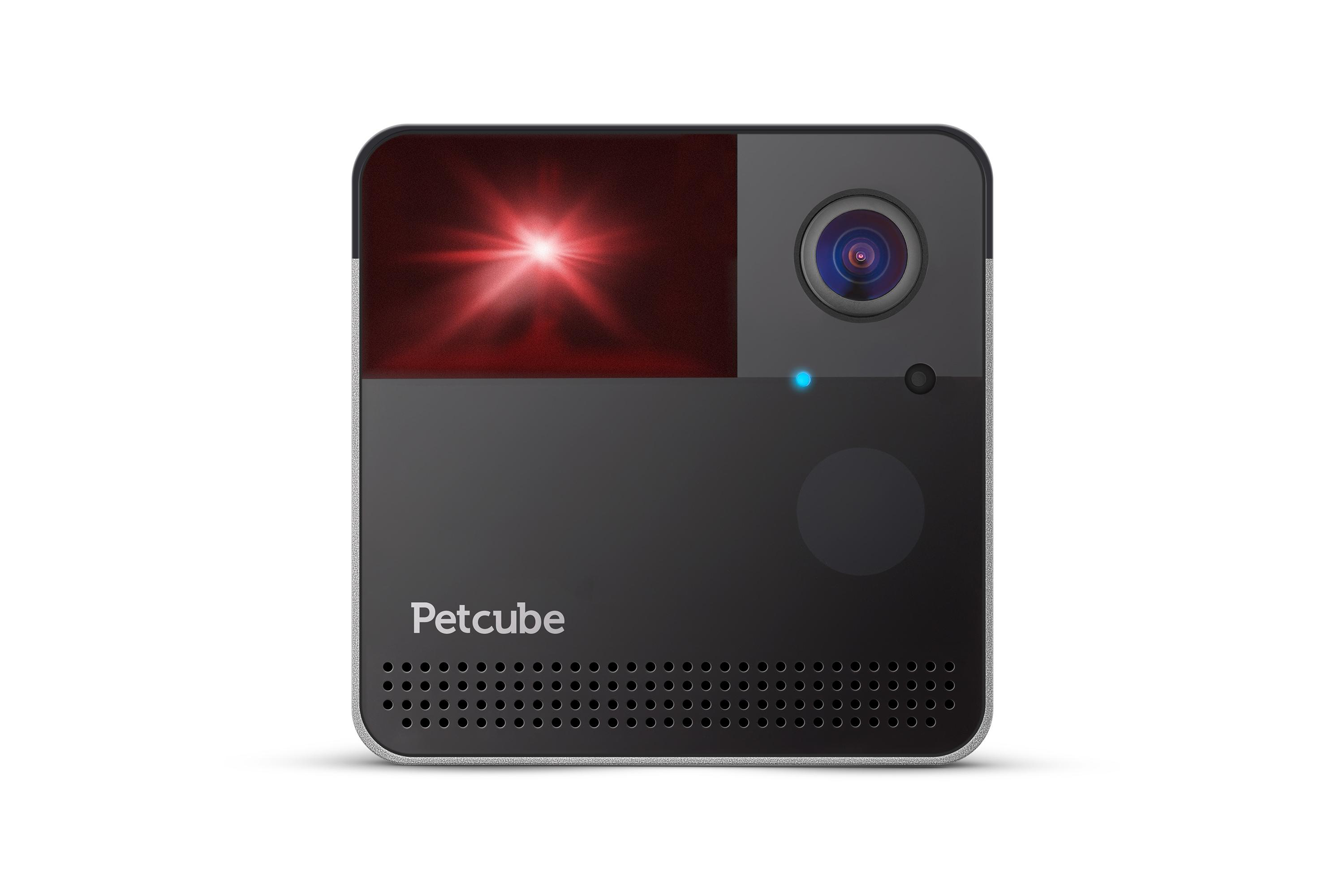 Petcube-Kamera abgewinkelt. Ein rotes Licht strahlt von oben links aus. Eine Kamera befindet sich rechts.