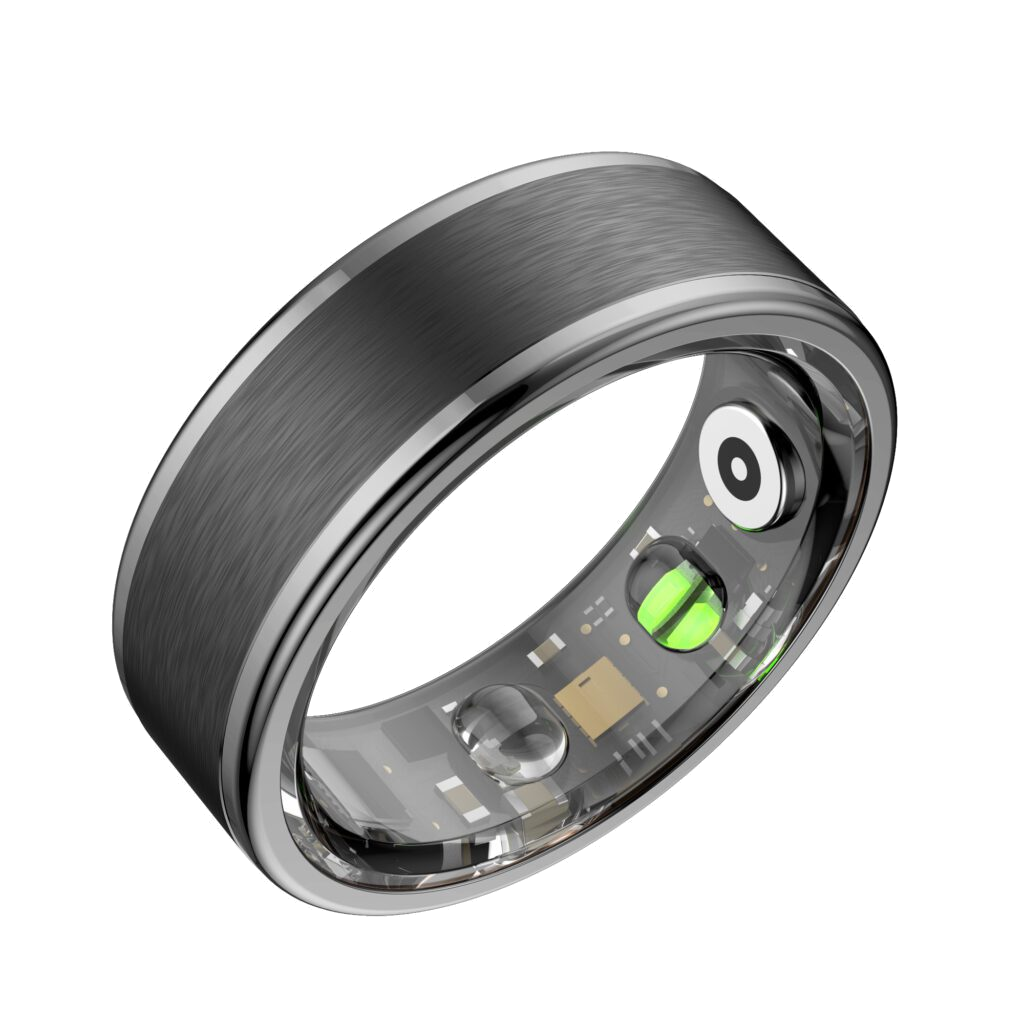 Inteligentny pierścień z ciemnoszarym paskiem, srebrnymi krawędziami i widocznymi elementami wewnętrznymi. Posiada czujniki i zielone światło.