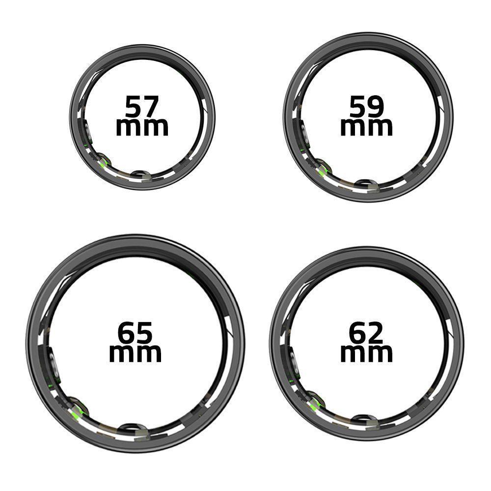 Cztery diagramy rozmiarów pierścionków. Wyświetlane są rozmiary 57 mm, 59 mm, 62 mm i 65 mm. Każdy pierścionek ma zielone elementy wewnętrzne.