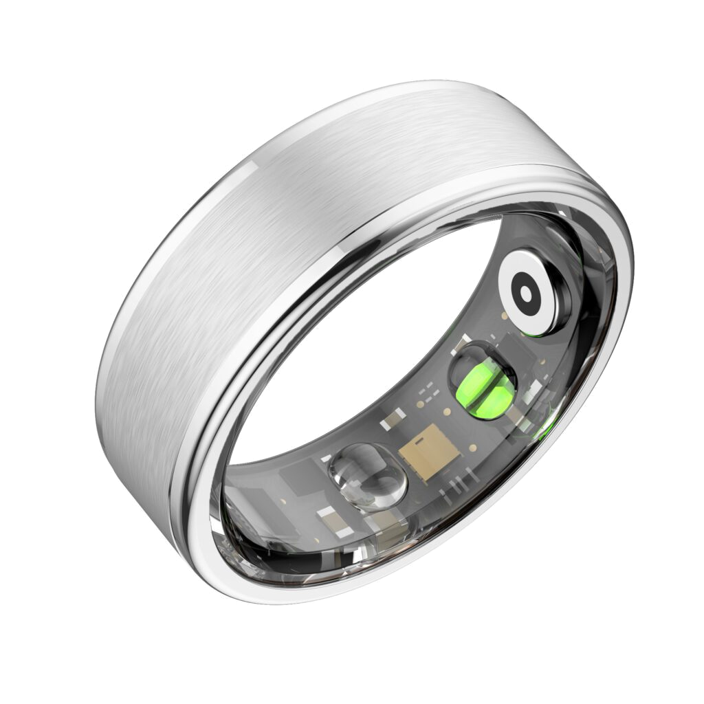 Srebrny inteligentny pierścień z widocznymi elementami wewnętrznymi. Posiada szczotkowane metalowe wykończenie i zielone światło LED.