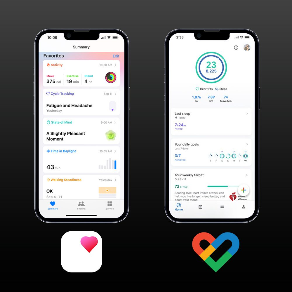 Dwa iPhone'y wyświetlają dane z aplikacji zdrowotnej, jeden pokazujący szczegóły aktywności, drugi punkty serca i kroki.