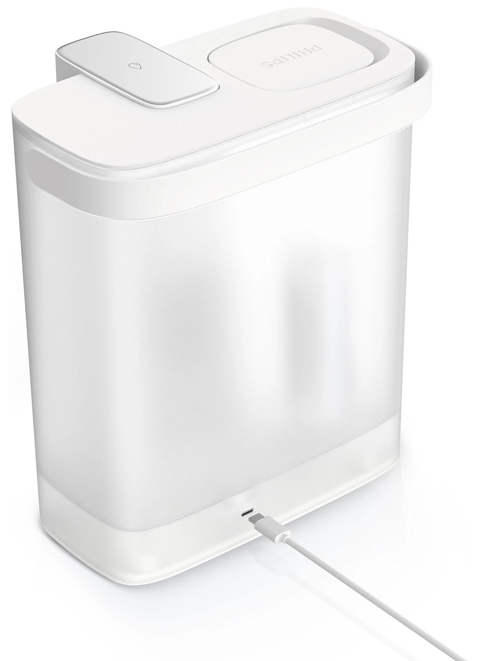 Biały nawilżacz Philips. Prostokątny kształt z uchwytem. Kabel ładujący podłączony u podstawy.