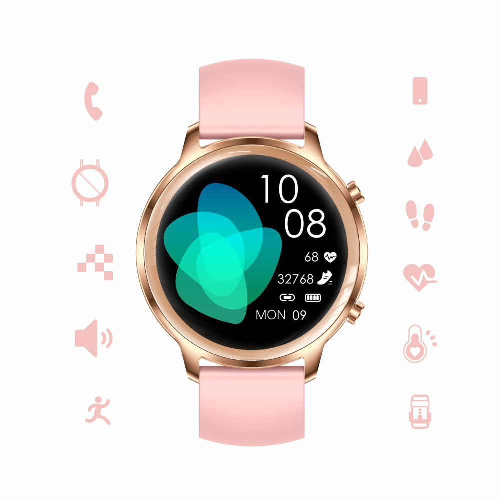 Zegarek smartwatch w kolorze różowego złota z różowym paskiem, wyświetlający czas, datę i ikony zdrowia na białym tle.