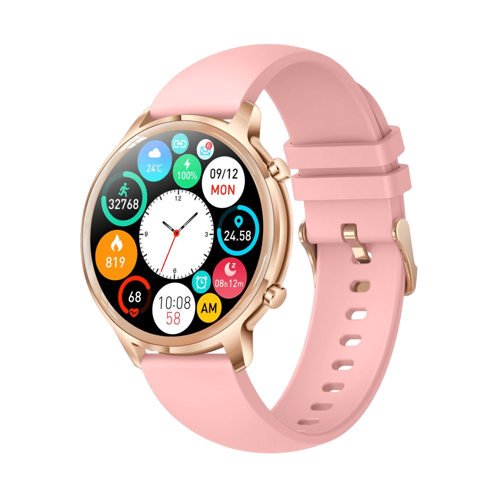 Zbliżenie różowego smartwatcha pokazujące ekran. Wyświetla dane, takie jak czas, data, kroki i tętno.