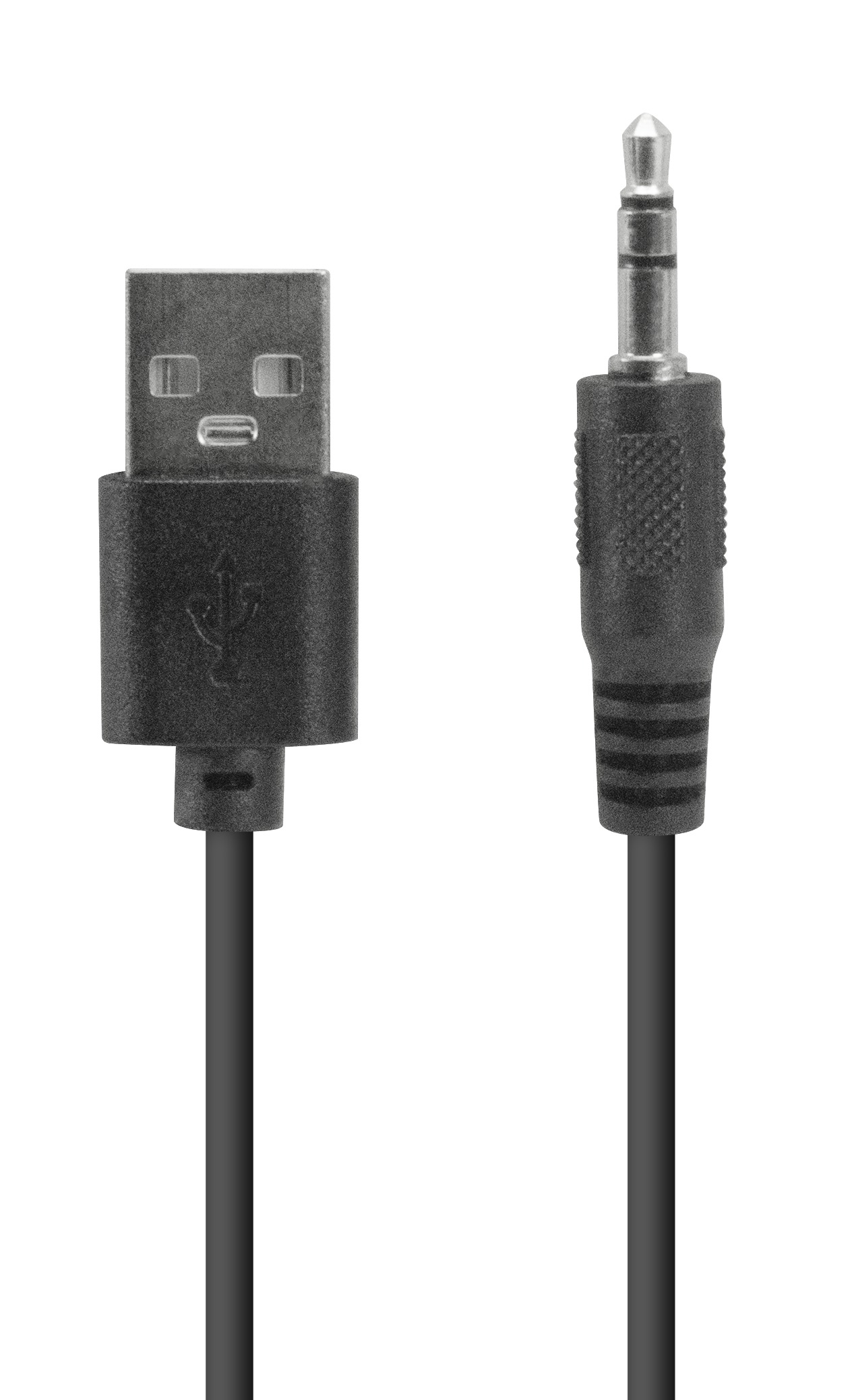 Ein schwarzes USB-Kabel mit einem USB-A-Anschluss an einem Ende und einem 3,5-mm-Klinkenstecker am anderen.