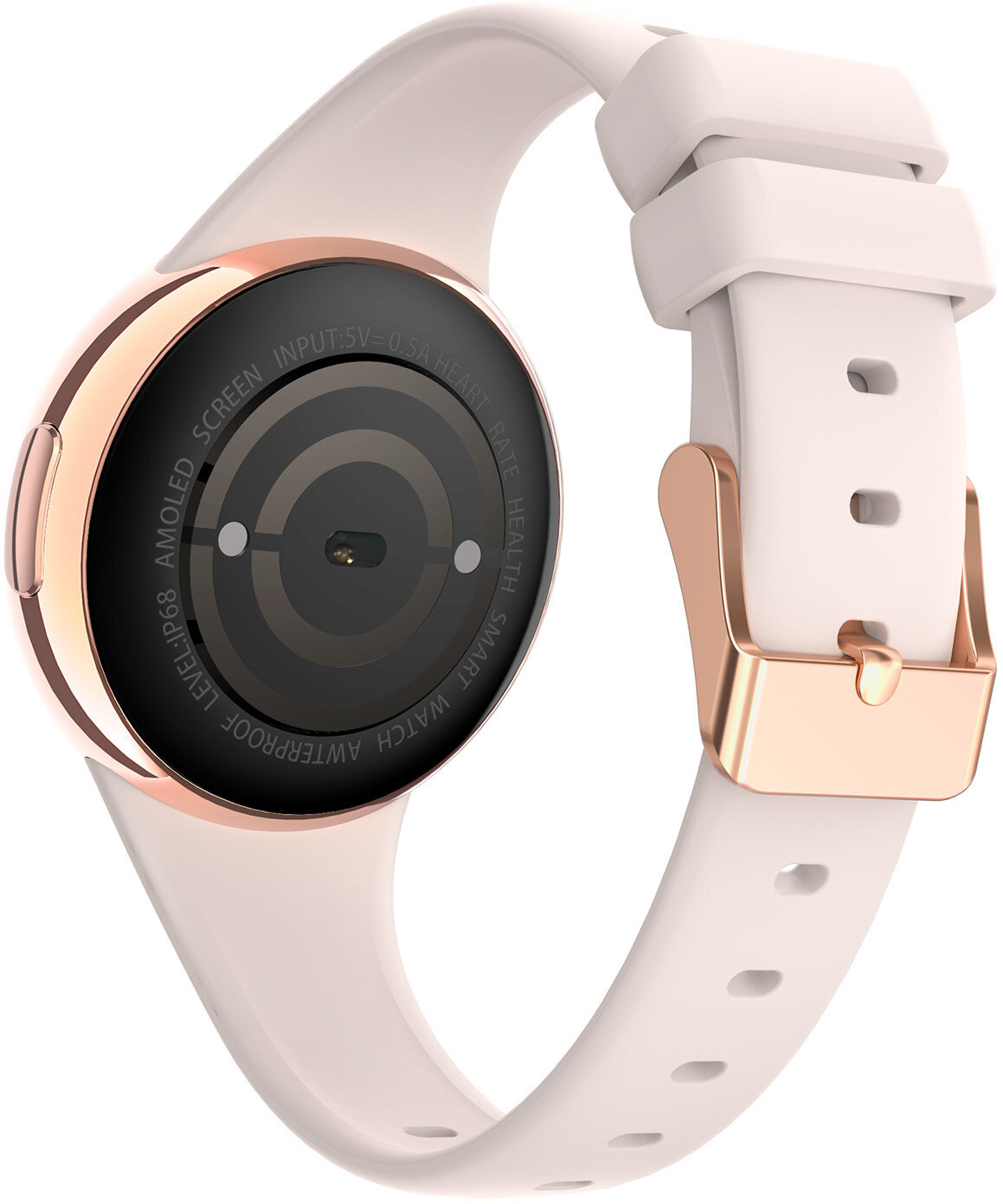 Tył białego smartwatcha z czarnym ekranem. Złota obwódka. Biały pasek ze złotą klamrą. Widoczne czujniki.